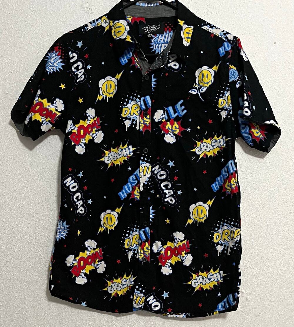 Eighty Eight Boys 14/16 Black Graphic Print Short Sleeve Button-Up